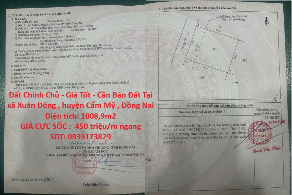 Đất Chính Chủ - Giá Tốt - Cần Bán Đất Tại xã Xuân Đông , huyện Cẩm Mỹ , Đồng Nai