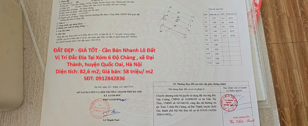 ĐẤT ĐẸP - GIÁ TỐT - Cần Bán Nhanh Lô Đất Vị Trí Đắc Địa Tại xã Đại Thành, huyện Quốc Oai, Hà Nội