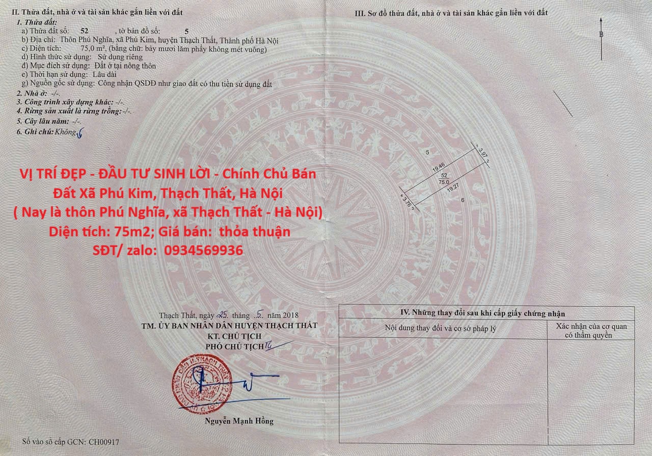 VỊ TRÍ ĐẸP - ĐẦU TƯ SINH LỜI - Chính Chủ Bán Đất Xã Phú Kim, Thạch Thất, Hà Nội