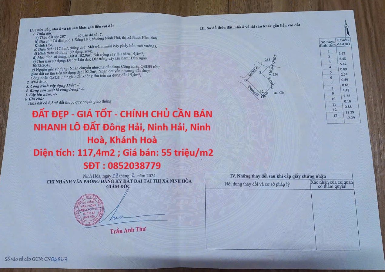 ĐẤT ĐẸP - GIÁ TỐT - CHÍNH CHỦ CẦN BÁN NHANH LÔ ĐẤT Đông Hải, Ninh Hải, Ninh Hoà, Khánh Hoà