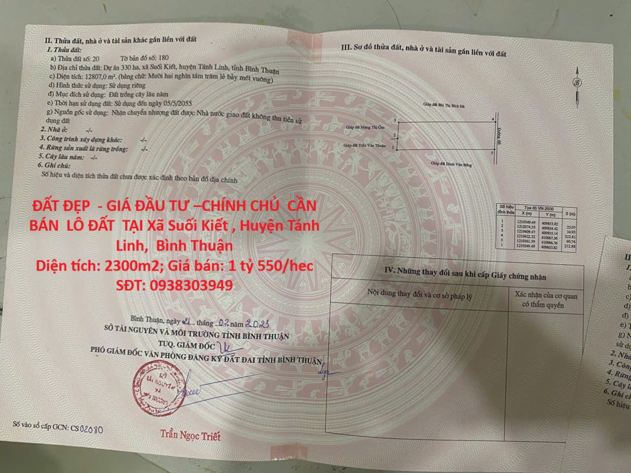 ĐẤT ĐẸP - GIÁ ĐẦU TƯ –CHÍNH CHỦ CẦN BÁN LÔ ĐẤT TẠI Xã Suối Kiết , Huyện Tánh Linh, Bình Thuận