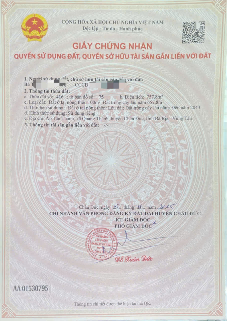 Chủ : bán ngang 10 tdt 750m có 100tc Sổ sẵn cầm tay