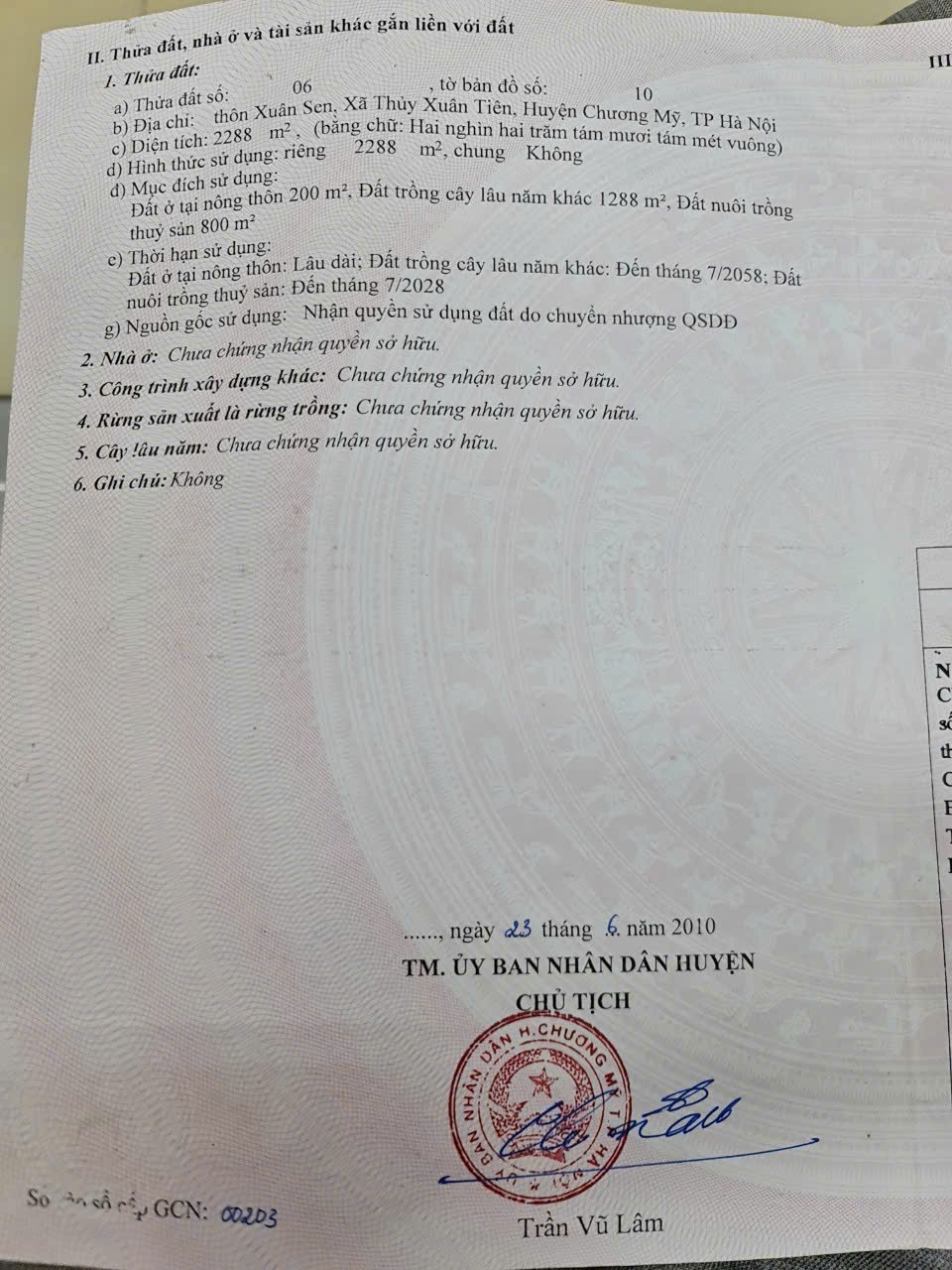 CHÍNH CHỦ BÁN LÔ ĐẤT ĐẸP tại thôn Xuân Sen, xã Thủy Xuân Tiên, Chương Mỹ, Hà Nội