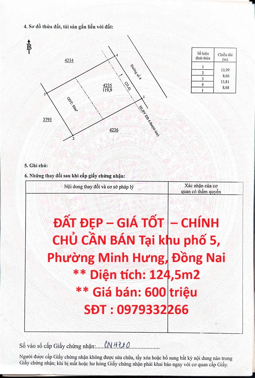 ĐẤT ĐẸP – GIÁ TỐT – CHÍNH CHỦ CẦN BÁN Tại khu phố 5, Phường Minh Hưng, Đồng Nai