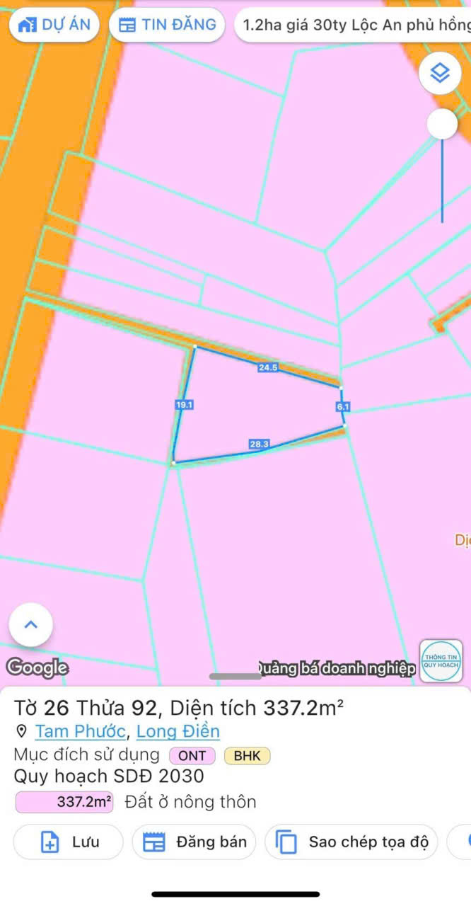 Có lô đất ở Tam Phước, Long Điền như sau: DT: 338mv, sẵn 50tc, còn lại cây LN