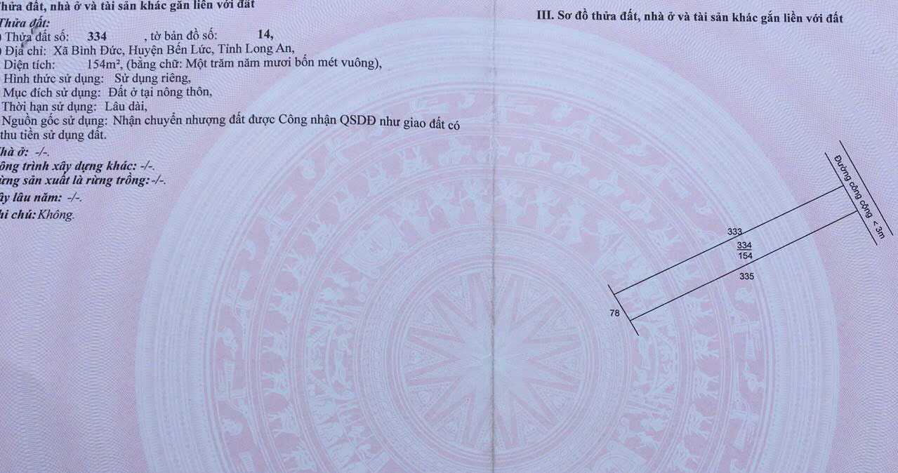 Bán nền thổ cư xã Bình Đức, Bến Lức dt 154m2 giá 720 triệu