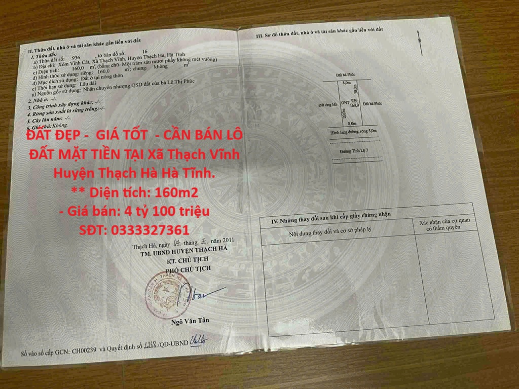 ĐẤT ĐẸP - GIÁ TỐT - CẦN BÁN LÔ ĐẤT MẶT TIỀN TẠI Xã Thạch Vĩnh Huyện Thạch Hà Hà Tĩnh.