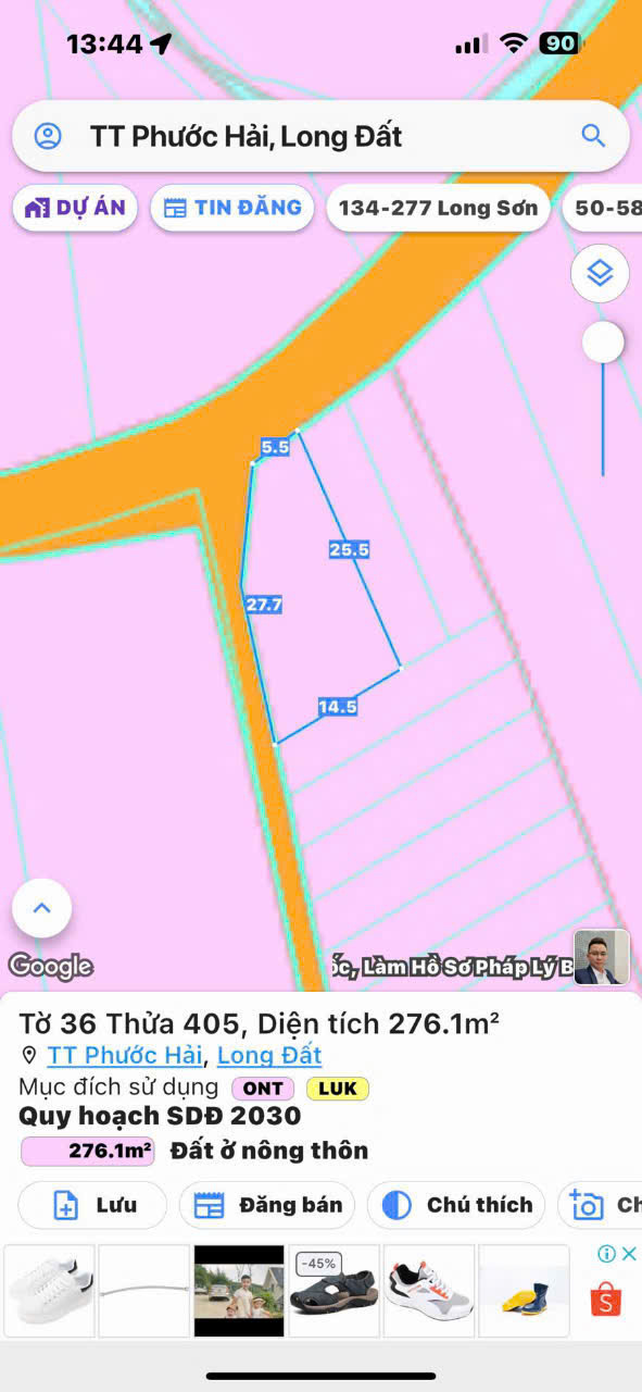 Lô góc 2 mặt tiền tại thị trấn phước hải . Đường nhựa khu dân cư Tổng dt 276m có 100,1m thổ cư