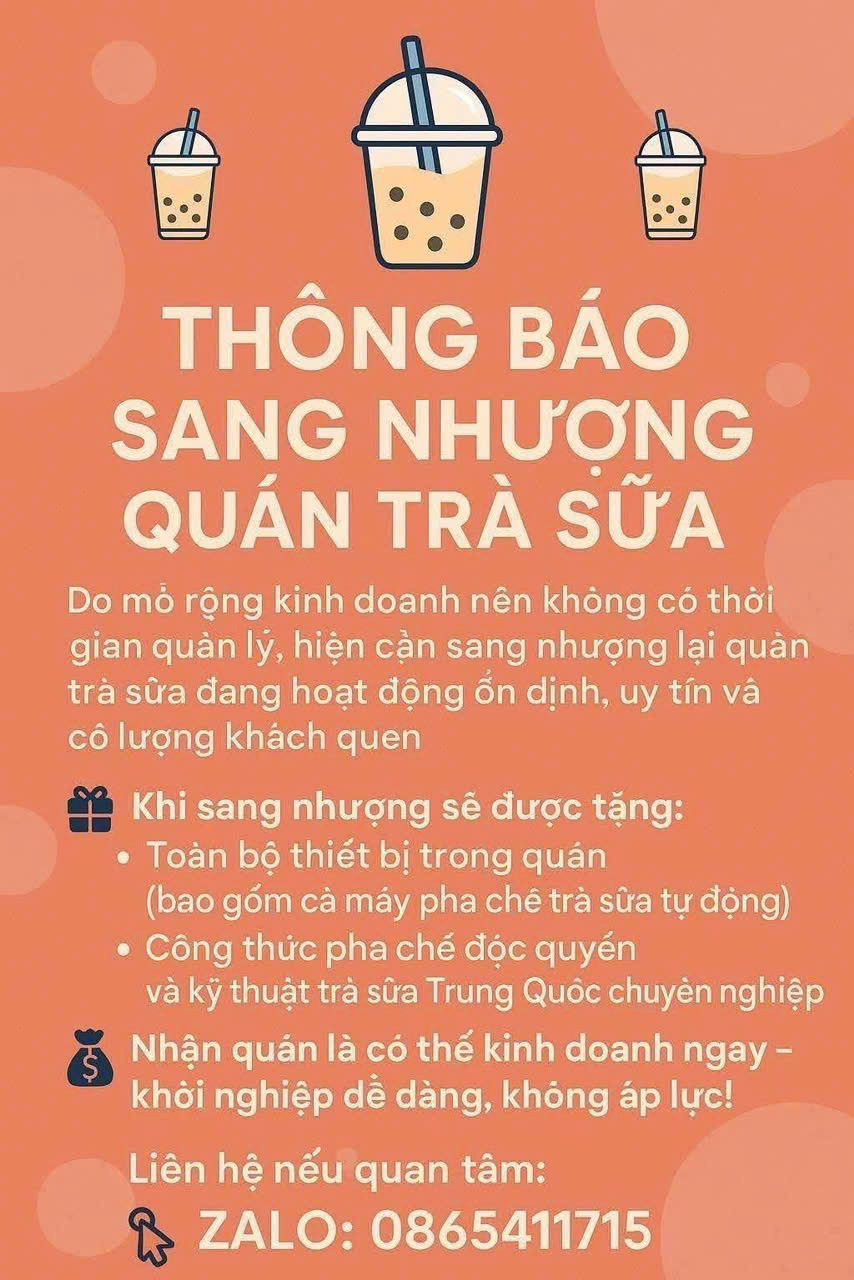 THÔNG BÁO SANG NHƯỢNG QUÁN TRÀ SỮA