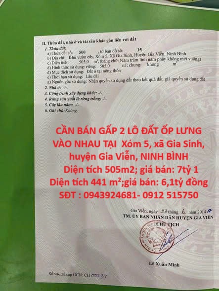 CẦN BÁN GẤP 2 LÔ ĐẤT ỐP LƯNG VÀO NHAU TẠI Xóm 5, xã Gia Sinh, huyện Gia Viễn, NINH BÌNH