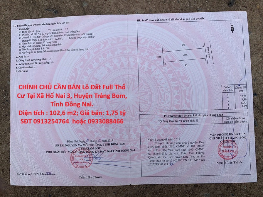 CHÍNH CHỦ CẦN BÁN Lô Đất Full Thổ Cư Tại Xã Hố Nai 3, Huyện Trảng Bom, Tỉnh Đồng Nai.