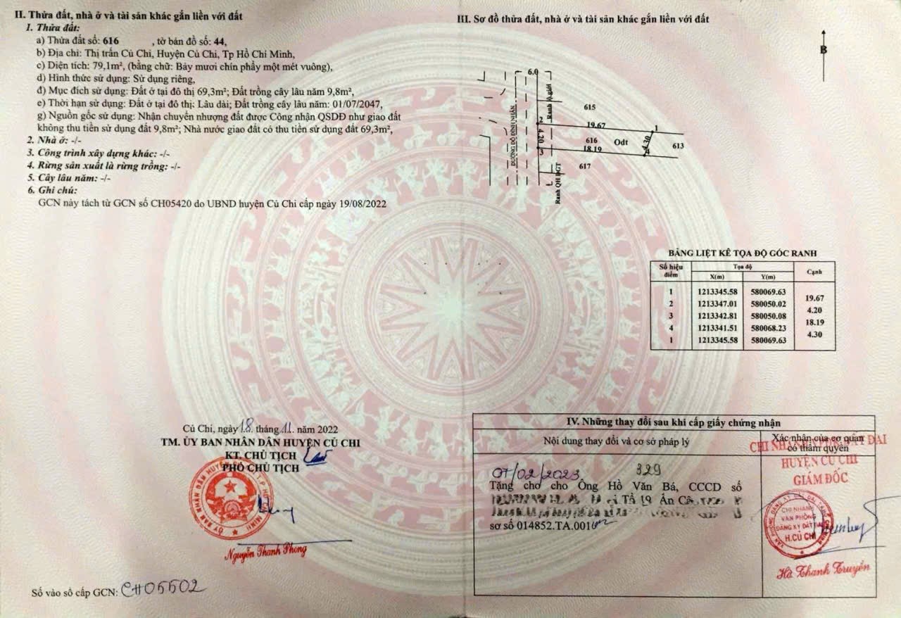 Bán 2 lô đất thổ cư mặt tiền Đỗ Đình Nhân, thị trấn Củ Chi dt 76m2 giá 2,35 tỷ 1 lô