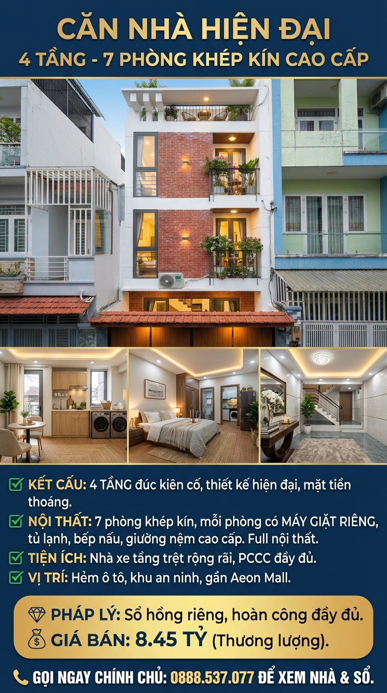 BÁN TÒA CHDV DÒNG TIỀN "FULL OPTION" - 7 PHÒNG CAO CẤP - SÁT AEON MALL