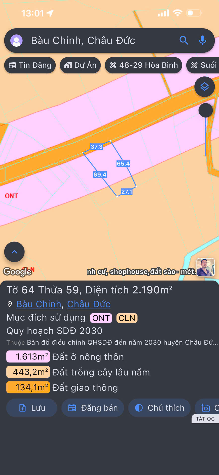 Cần bán lô mặt tiền đường nhựa chính Bàu Chinh,dt 2190m có 300m thổ cư