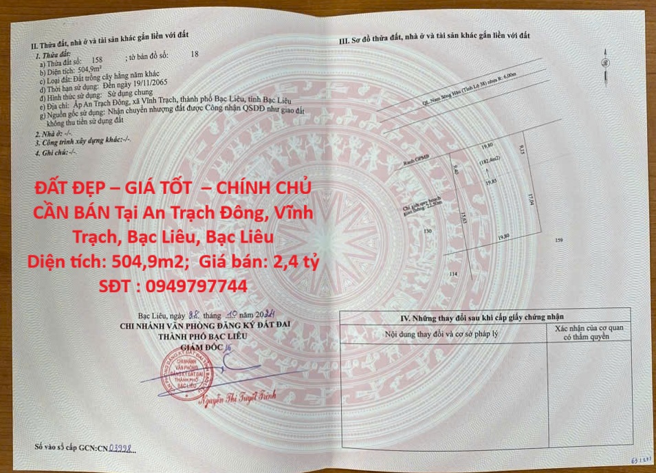 ĐẤT ĐẸP – GIÁ TỐT – CHÍNH CHỦ CẦN BÁN Tại An Trạch Đông, Vĩnh Trạch, Bạc Liêu, Bạc Liêu