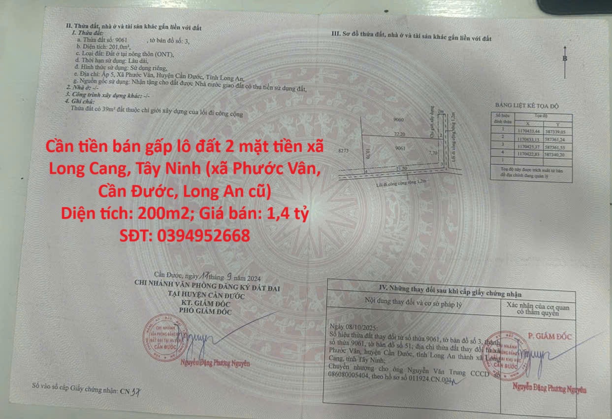 Cần tiền bán gấp lô đất 2 mặt tiền xã Phước Vân, Cần Đước, Long An, DT 200m2, giá đầu tư