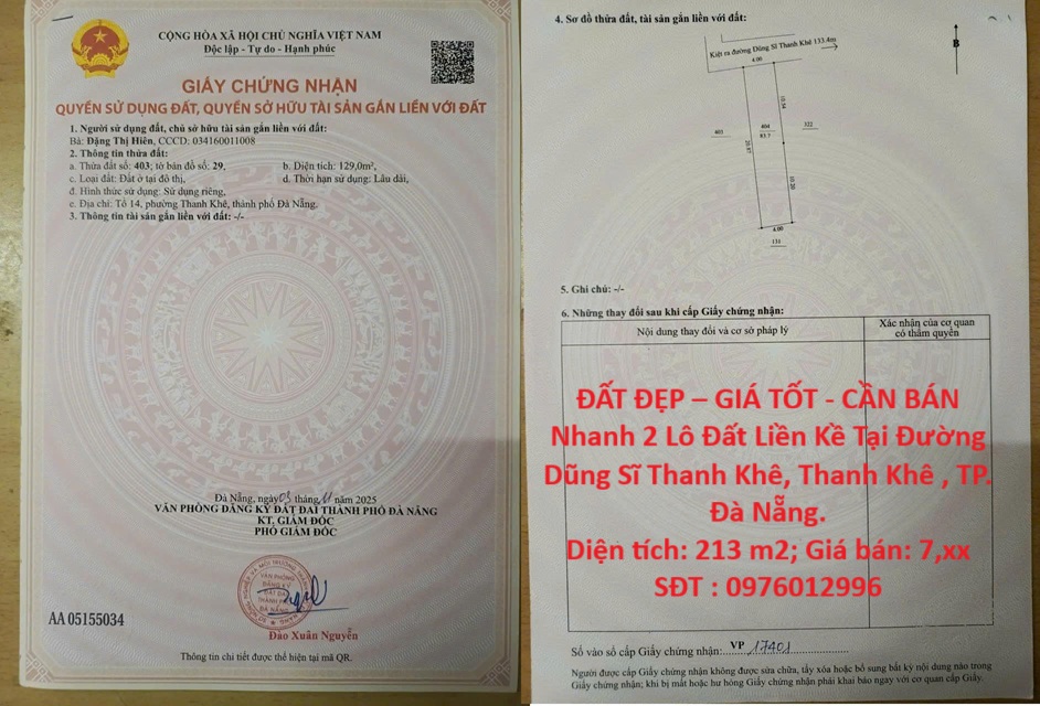 ĐẤT ĐẸP – GIÁ TỐT - CẦN BÁN Nhanh 2 Lô Đất Liền Kề Tại Đường Dũng Sĩ Thanh Khê, Thanh Khê , TP. Đà Nẵng.