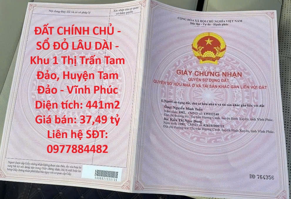 ĐẤT CHÍNH CHỦ - SỔ ĐỎ LÂU DÀI - Khu 1 Thị Trấn Tam Đảo, Huyện Tam Đảo - Vĩnh Phúc