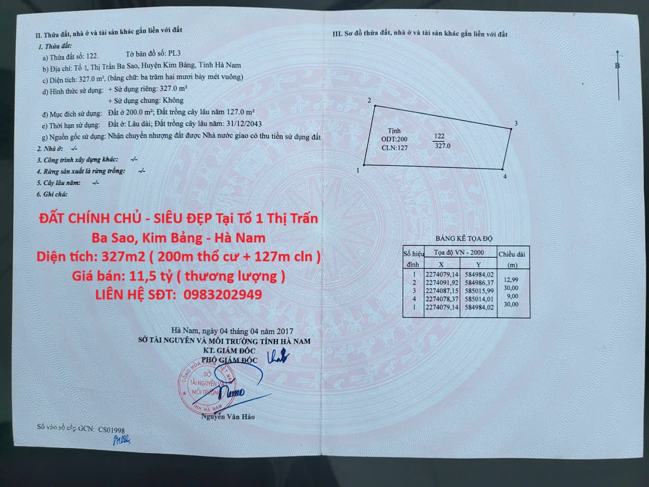 ĐẤT CHÍNH CHỦ - SIÊU ĐẸP Tại Tổ 1 Thị Trấn Ba Sao, Kim Bảng - Hà Nam