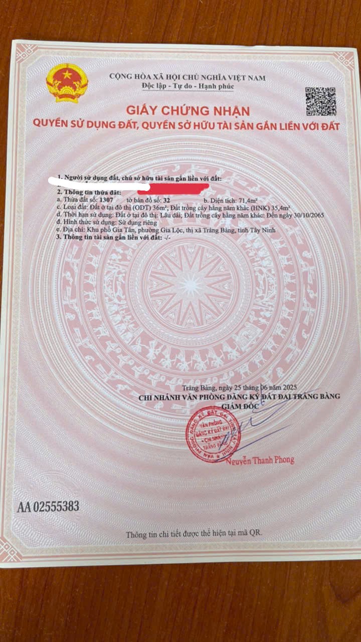 BÁN NHANH Lô ĐẤT CHÍNH CHỦ - MẶT TIỀN Đường Gia Tân, Xã Gia Lộc, Trảng Bàng, Tây Ninh