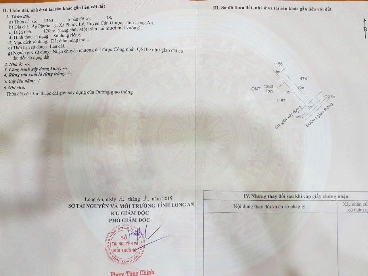 Bán đất thổ cư hẻm xã Phước Lý, Cần Giuộc dt 120m2 giá 1,6 tỷ