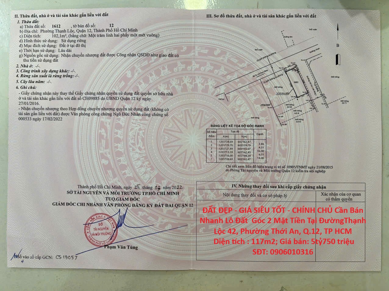 ĐẤT ĐẸP - GIÁ SIÊU TỐT - CHÍNH CHỦ Cần Bán Nhanh Lô Đất Góc 2 Mặt Tiền Tại Quận 12, TP HCM
