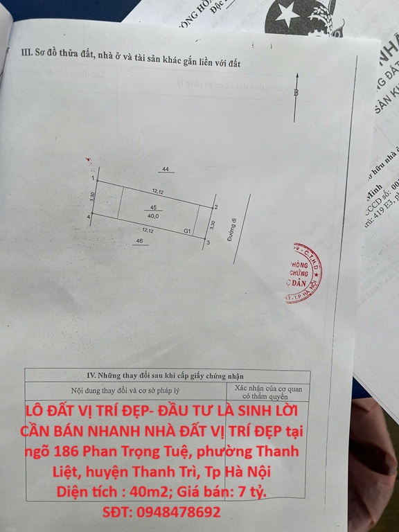 LÔ ĐẤT VỊ TRÍ ĐẸP- ĐẦU TƯ LÀ SINH LỜI CẦN BÁN NHANH NHÀ ĐẤT VỊ TRÍ ĐẸP tại phường Thanh Liệt, huyện Thanh Trì, Tp Hà Nội
