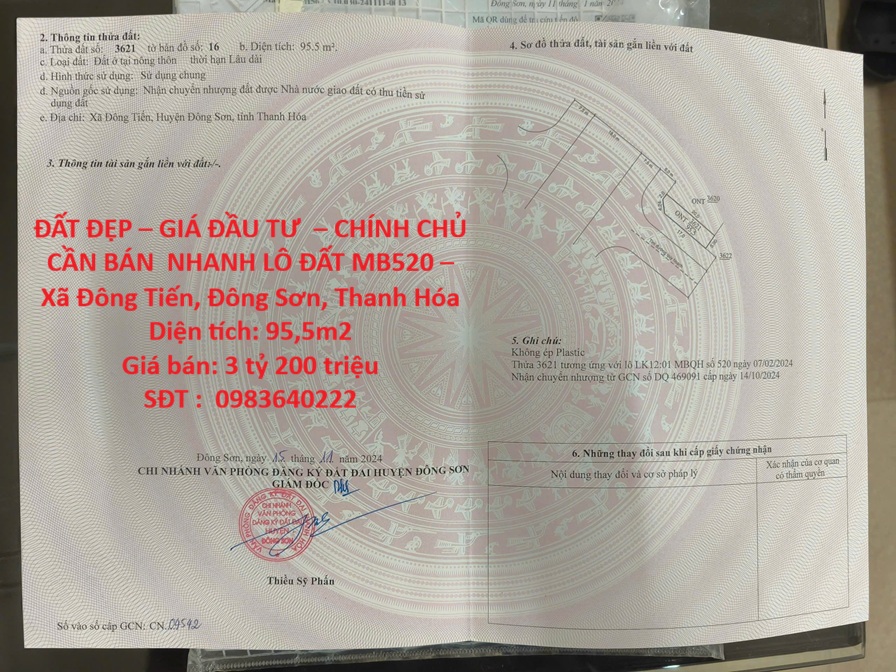 ĐẤT ĐẸP – GIÁ ĐẦU TƯ – CHÍNH CHỦ CẦN BÁN NHANH LÔ ĐẤT MB520 – Xã Đông Tiến, Đông Sơn, Thanh Hóa