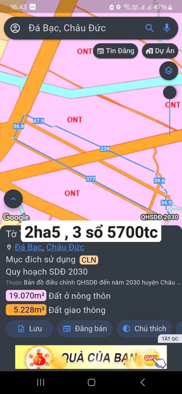 Chủ cần sang nhượng 2ha5 , 5700 thổ cư ql56c cắt ngang Giá chủ mong muốn 82ty thương lượng Quý ac nhà đầu tư