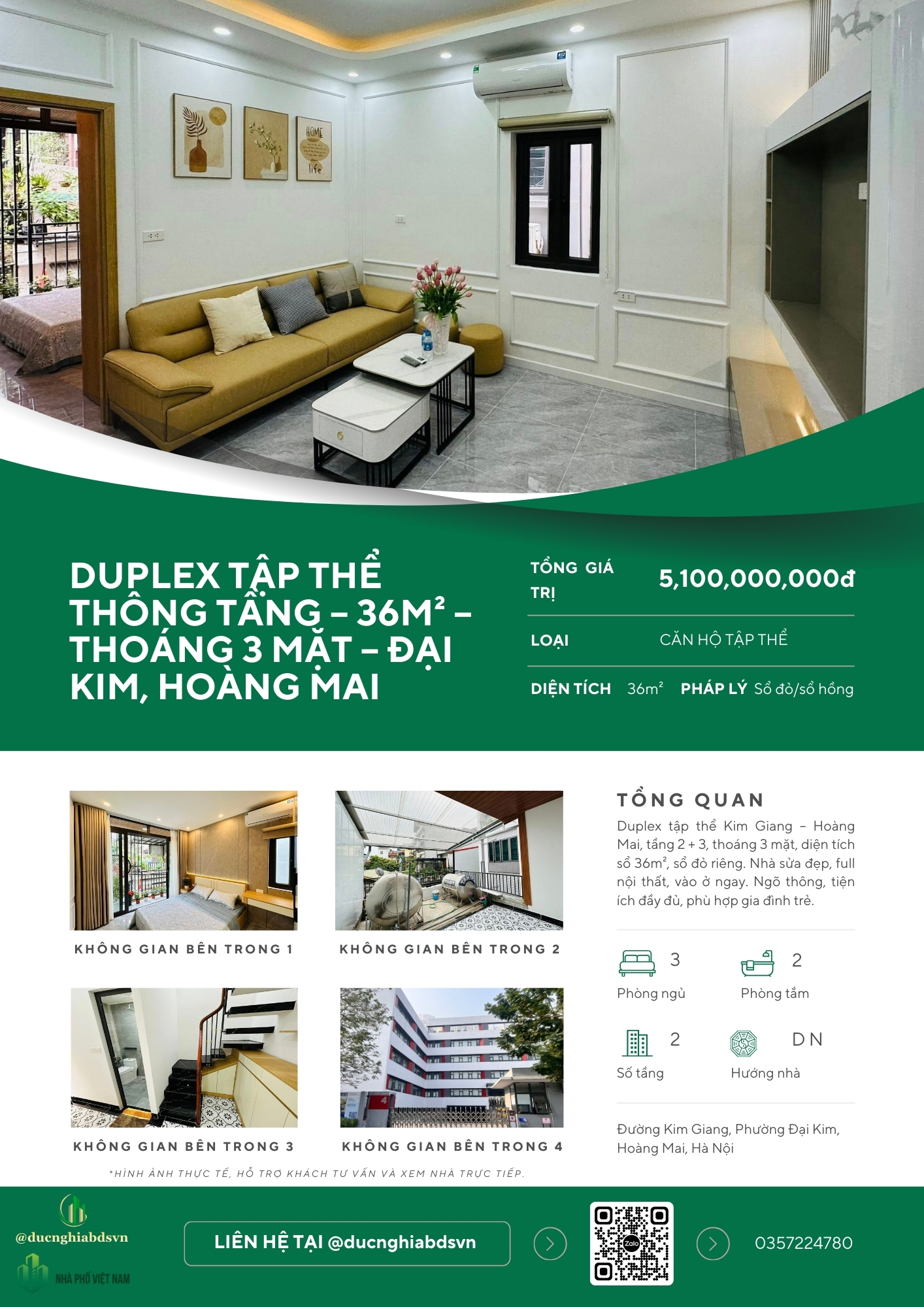Duplex tập thể thông tầng – 36m² – Thoáng 3 mặt – Đại Kim, Hoàng Mai
