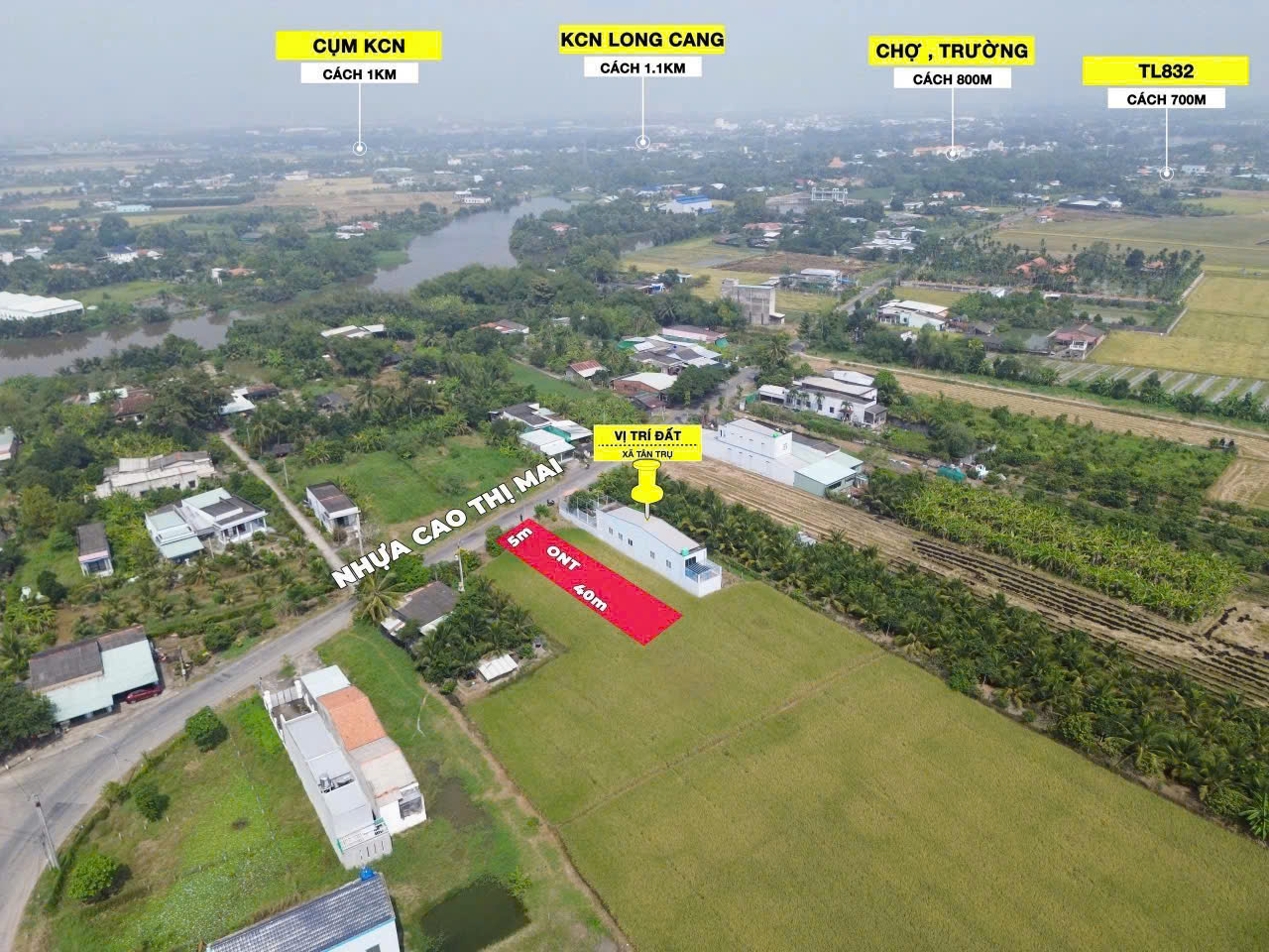 Bán đất thổ cư mặt tiền đường Cao Thị Mai, xã Bình Trinh Đông , Tân Trụ dt 200m2 giá 1,25 tỷ