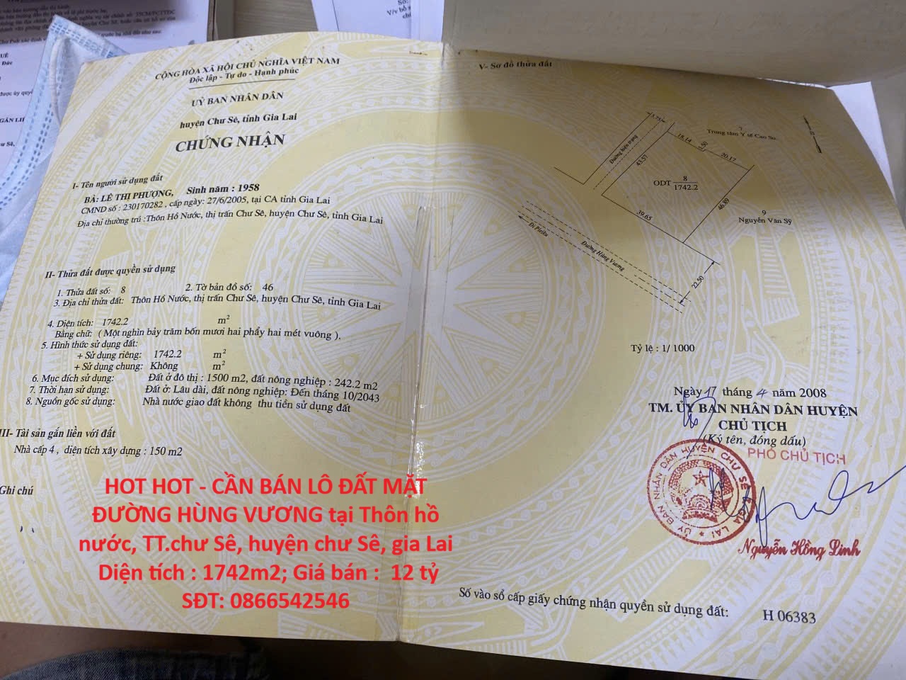 HOT HOT - CẦN BÁN LÔ ĐẤT MẶT ĐƯỜNG HÙNG VƯƠNG tại Thôn hồ nước, TT.chư Sê, huyện chư Sê, gia Lai