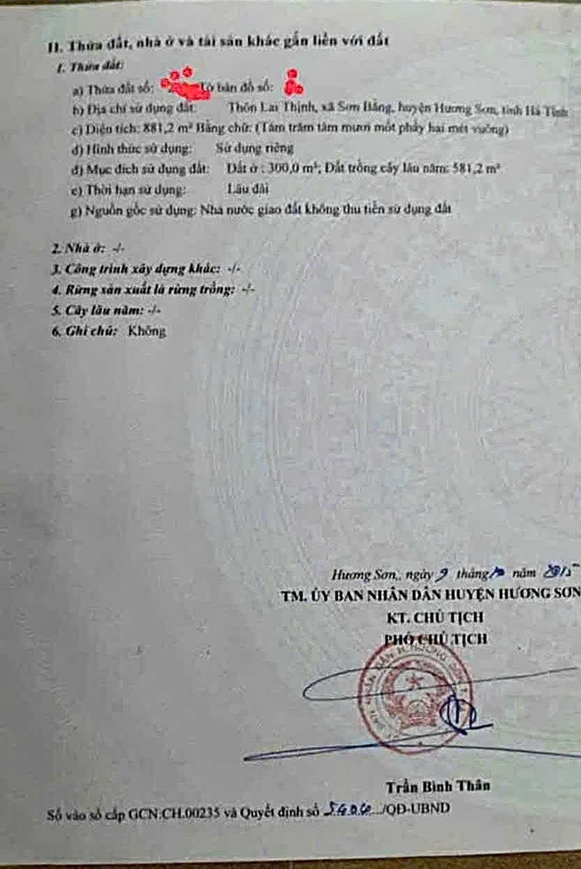 ĐẤT ĐẸP – GIÁ ĐẦU TƯ - CẦN BÁN LÔ ĐẤT VỊ TRÍ ĐẸP TẠI Xã Sơn Bằng (Hương Sơn-Hà Tĩnh