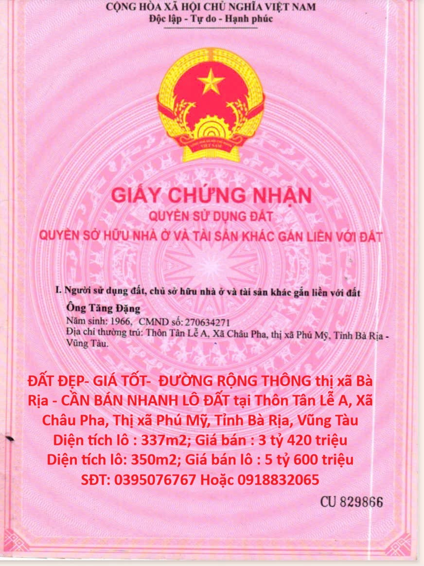 ĐẤT ĐẸP- GIÁ TỐT- ĐƯỜNG RỘNG THÔNG thị xã Bà Rịa - CẦN BÁN NHANH LÔ ĐẤT tại Xã Châu Pha, Phú Mỹ.