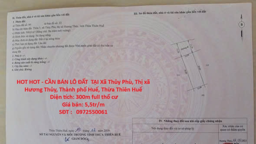 HOT HOT - CẦN BÁN LÔ ĐẤT TẠI Xã Thủy Phù, Thị xã Hương Thủy, Thành phố Huế, Thừa Thiên Huế