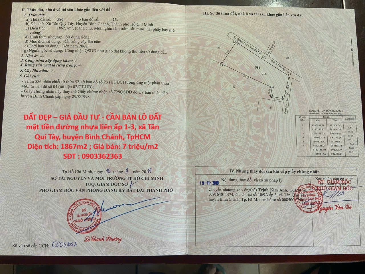 ĐẤT ĐẸP – GIÁ ĐẦU TƯ - CẦN BÁN LÔ ĐẤT mặt tiền đường nhựa liên ấp 1-3, xã Tân Quí Tây, huyện Bình Chánh, TpHCM