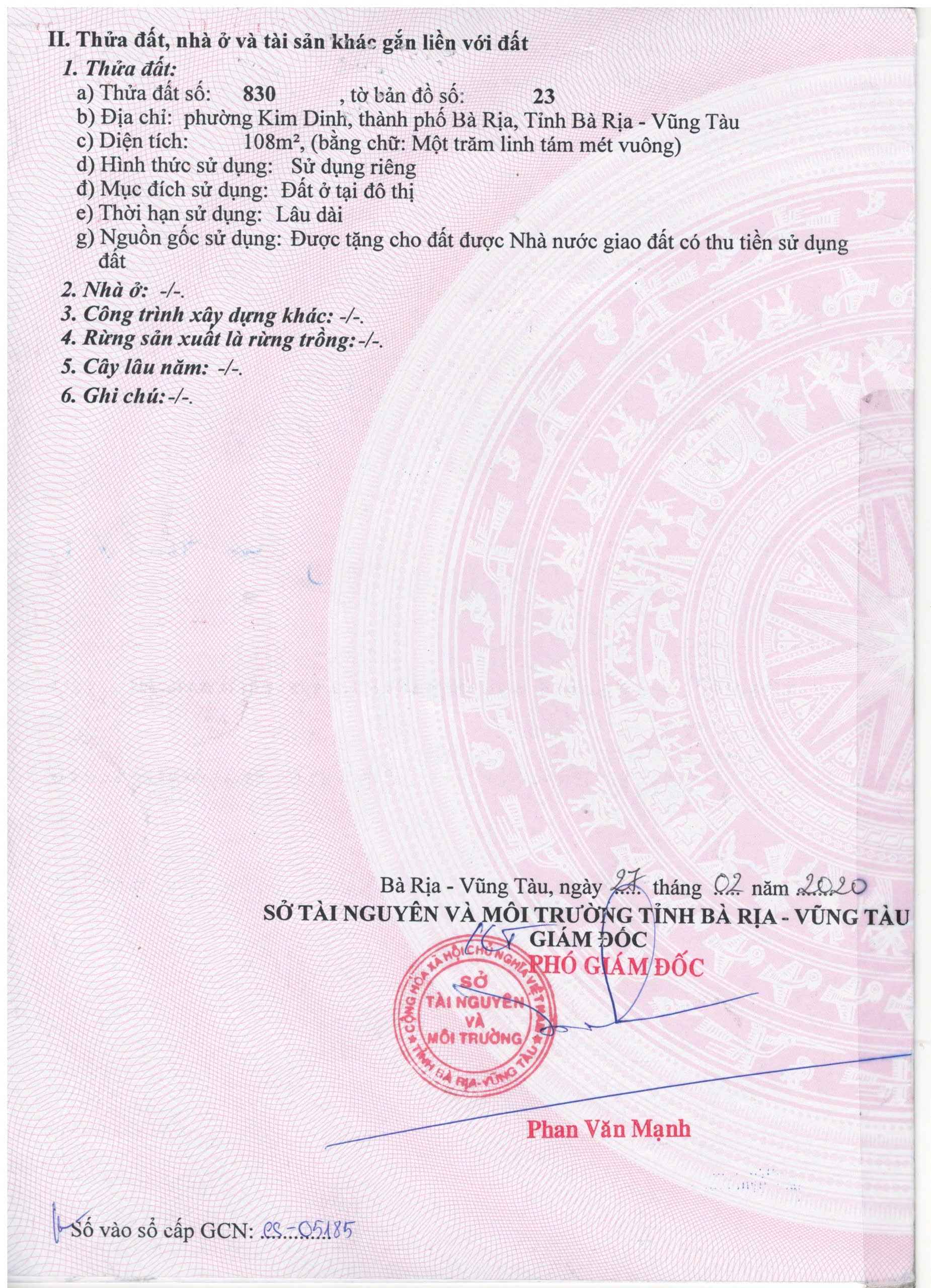 khu đô thị Đồng Nhân - Kim Dinh - Bà Rịa muốn bán. Diện tích 6x18 = 108 m2,