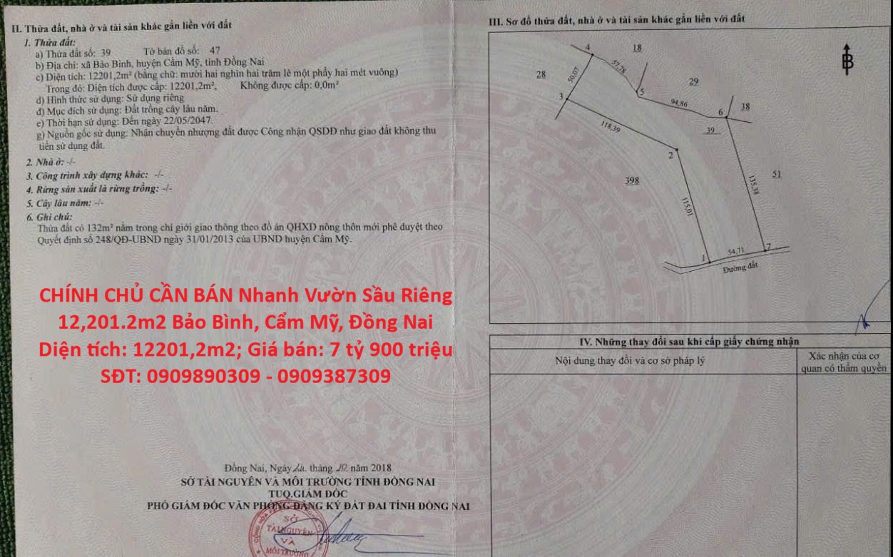 CHÍNH CHỦ CẦN BÁN Nhanh Vườn Sầu Riêng 12,201.2m2 Bảo Bình, Cẩm Mỹ, Đồng Nai