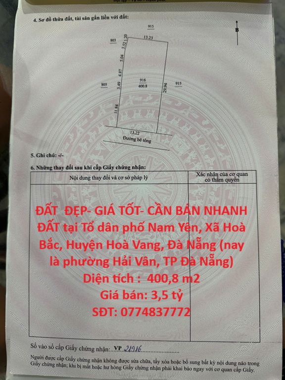 ĐẤT ĐẸP- GIÁ TỐT- CẦN BÁN NHANH ĐẤT tại Xã Hoà Bắc, Hoà Vang, Đà Nẵng