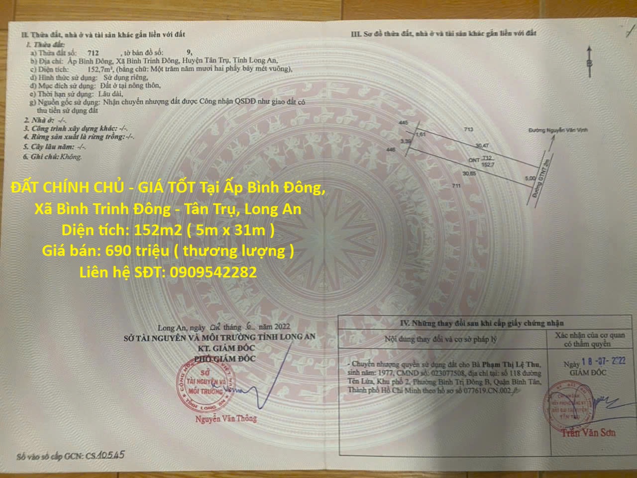 ĐẤT CHÍNH CHỦ - GIÁ TỐT Tại Ấp Bình Đông, Xã Bình Trinh Đông - Tân Trụ, Long An