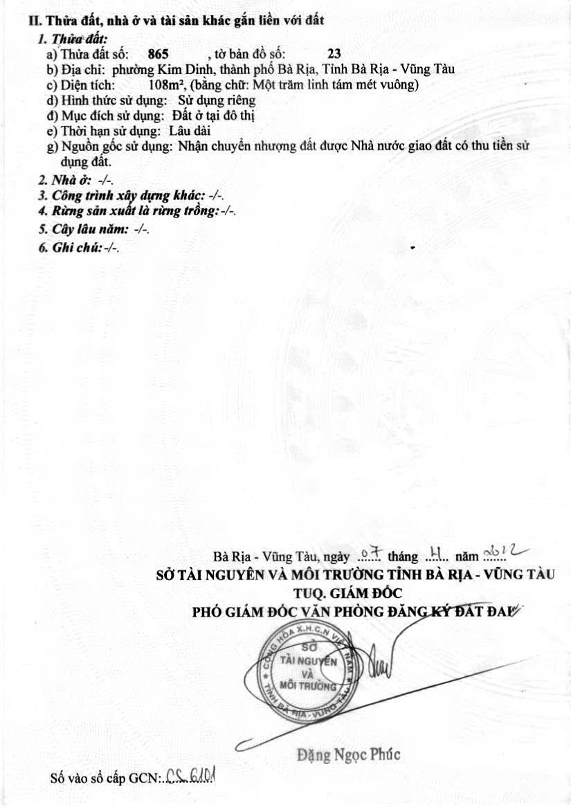 ĐẤT ĐẸP- GIÁ TỐT- CẦN BÁN NHANH ĐẤT tại Phường Kim Dinh, TP Bà Rịa ,Vũng Tàu