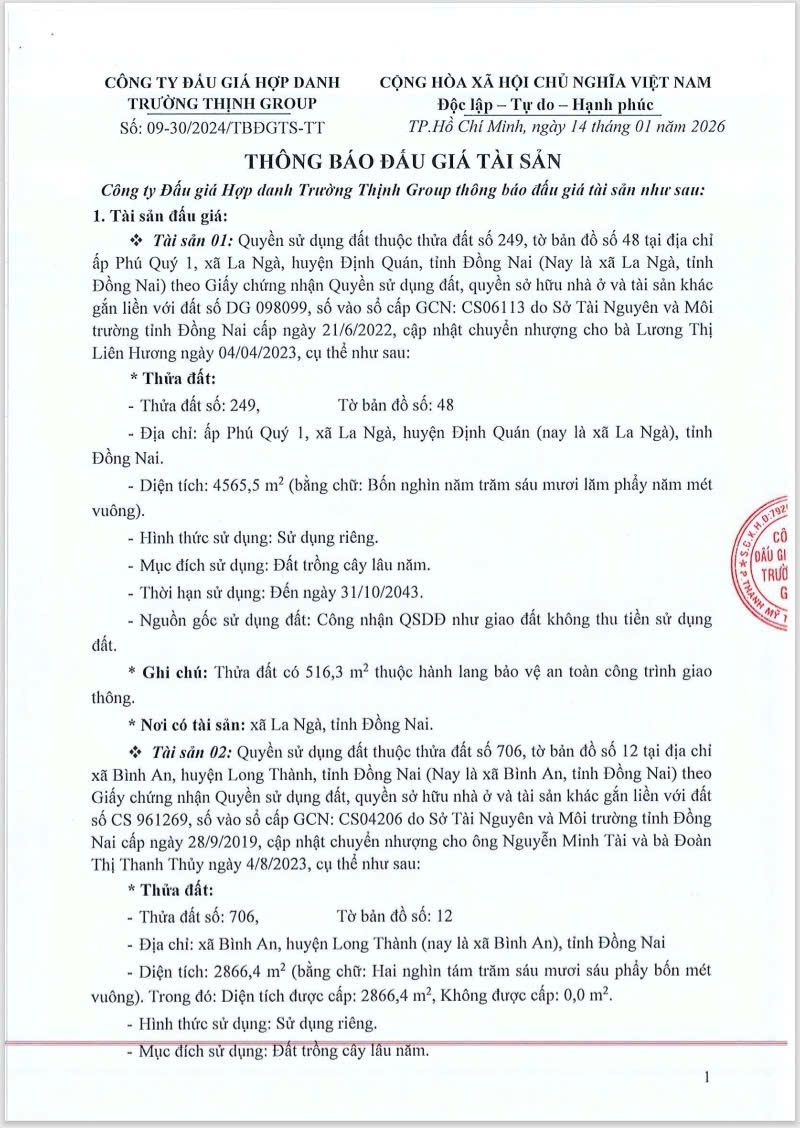 Ngân Hàng BIDV Bán đấu Giá Công Khai Lô Đất Tại Xã Bình An, Long Thành, Đồng Nai