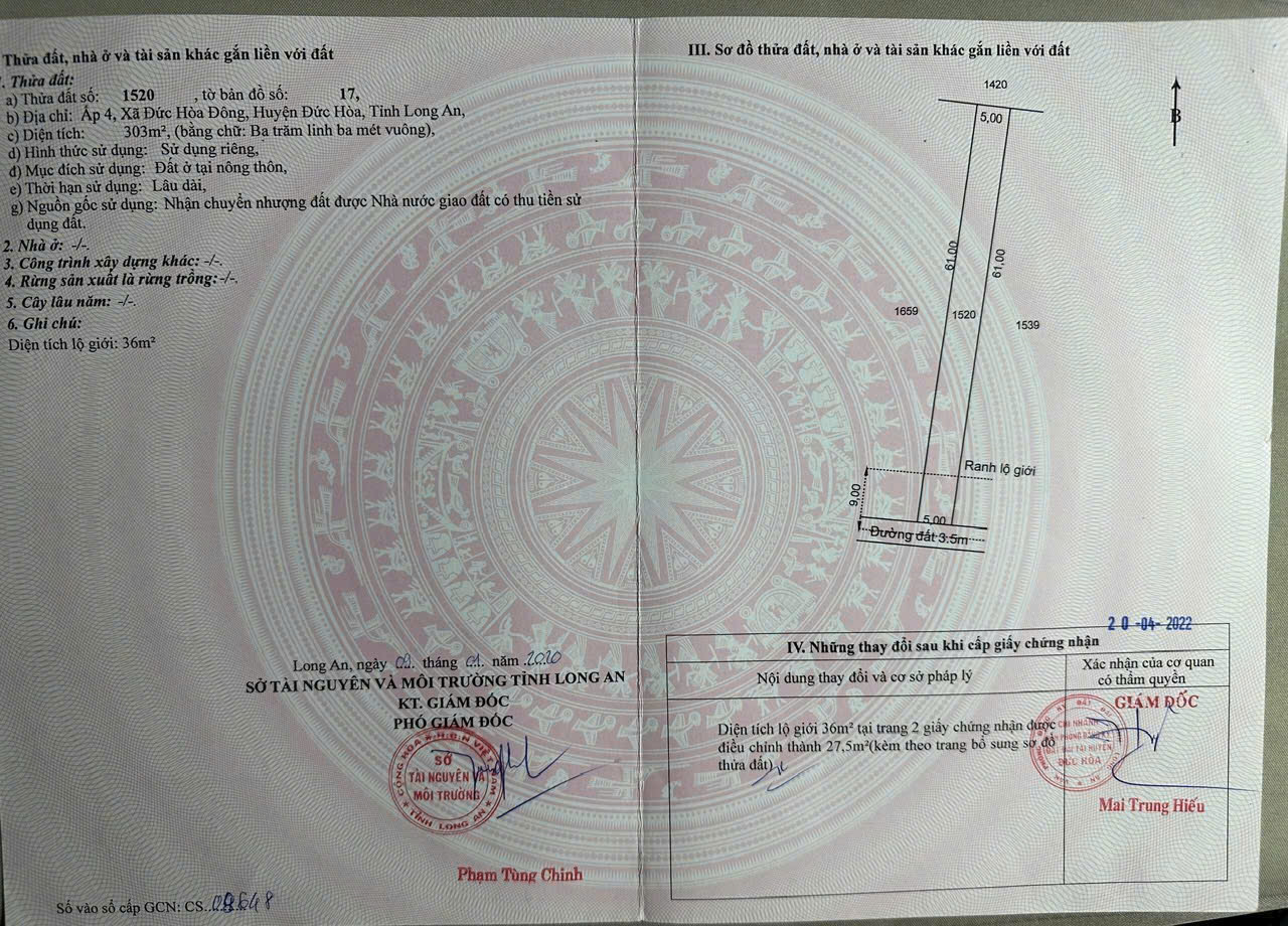 Bán đất thổ cư đường beton xe hơi ở xã Đức Hòa Đông , Đức Hòa dt 303m2 giá 1,6 tỷ