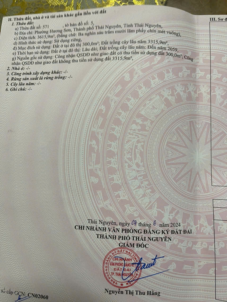 BÁN MẢNH ĐẤT DIỆN TÍCH LỚN – PHƯỜNG GIA SÀNG – TP THÁI NGUYÊN