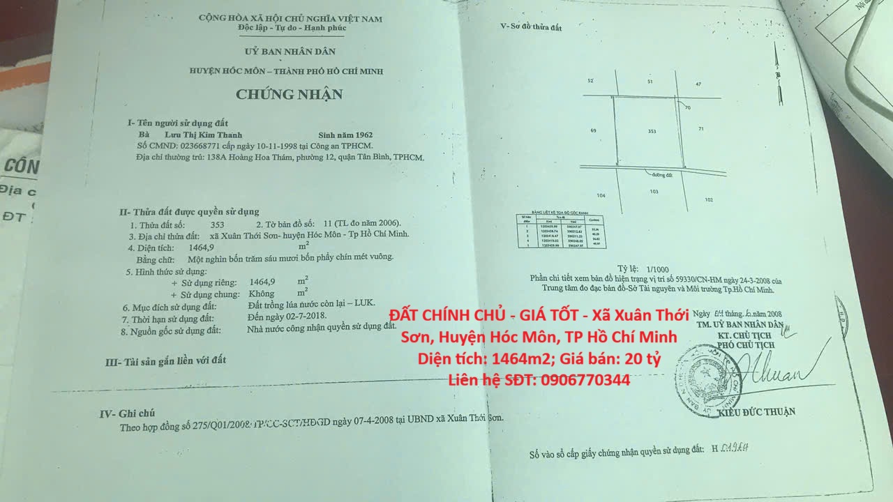 ĐẤT CHÍNH CHỦ - GIÁ TỐT - Xã Xuân Thới Sơn, Huyện Hóc Môn, TP Hồ Chí Minh