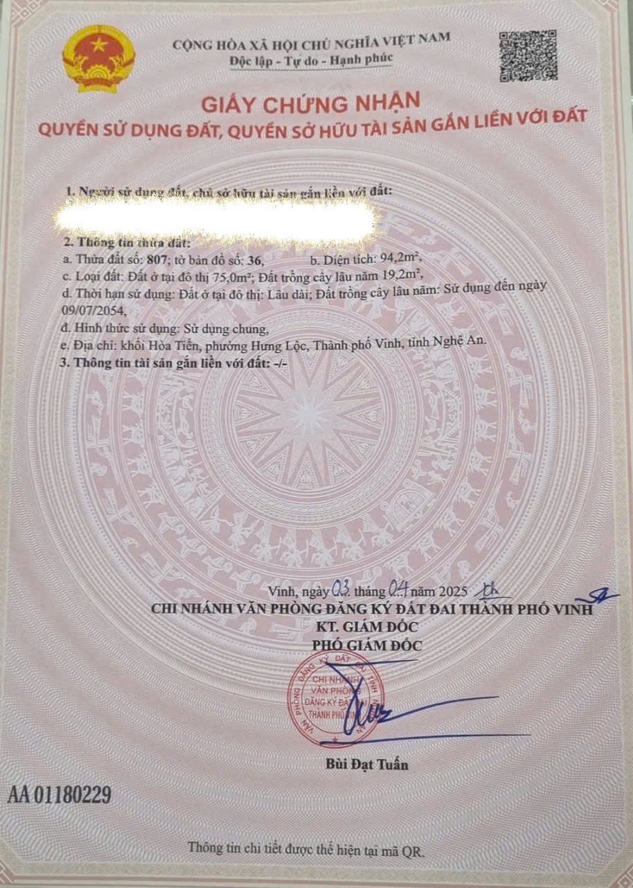 ĐẤT CHÍNH CHỦ - GIÁ TỐT - CẦN BÁN LÔ ĐẤT TẠI Khối Hoà Tiến, phường Hưng Lộc, TP. Vinh, nghệ An