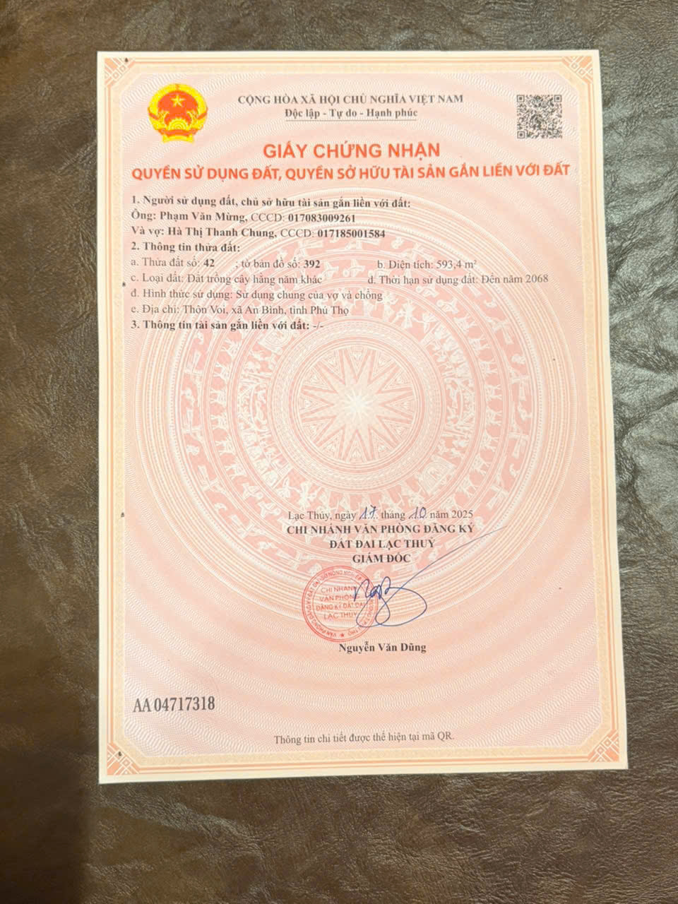 BÁN ĐẤT CHÍNH CHỦ – CÓ SỔ ĐỎ TẠI LẠC THỦY, PHÚ THỌ