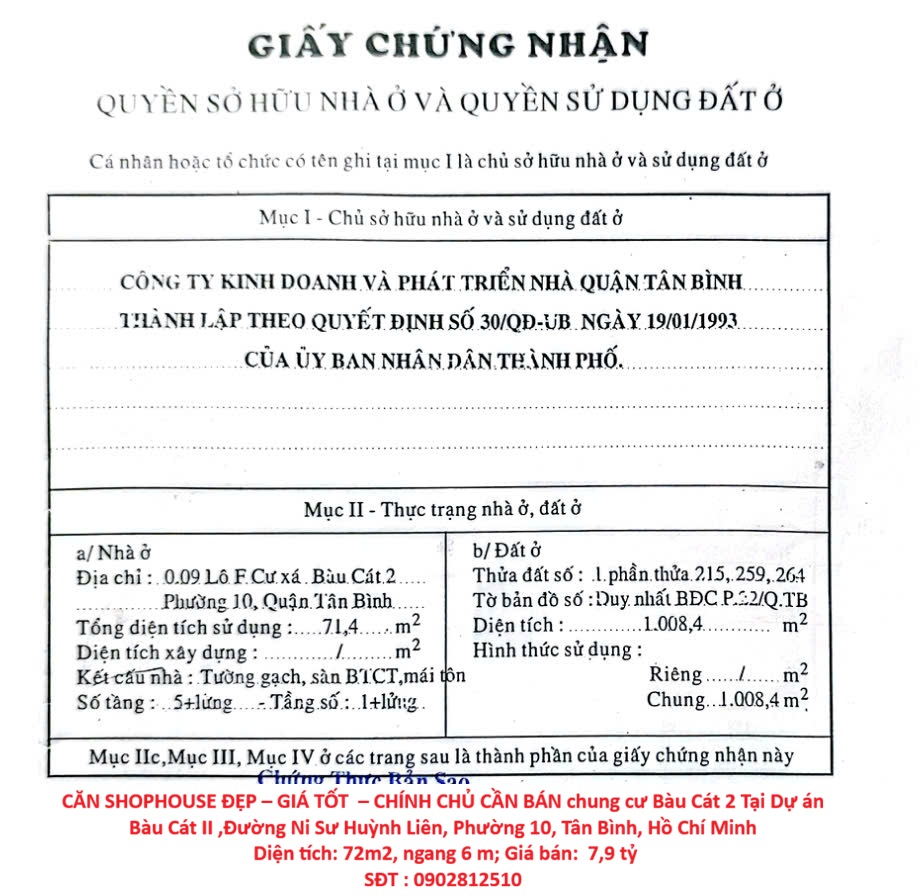 CĂN SHOPHOUSE ĐẸP – GIÁ TỐT – CHÍNH CHỦ CẦN BÁN chung cư Bàu Cát 2 Tại Dự án Bàu Cát II