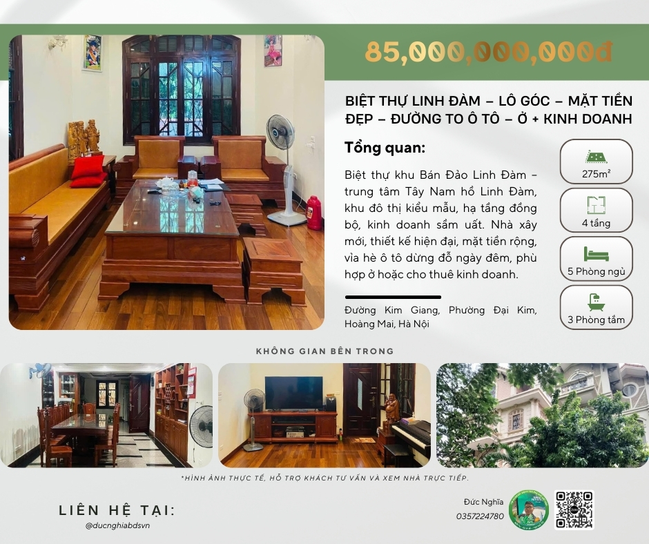 BIỆT THỰ LINH ĐÀM – LÔ GÓC – MẶT TIỀN 12.5M – VỈA HÈ Ô TÔ – VỪA Ở VỪA KINH DOANH