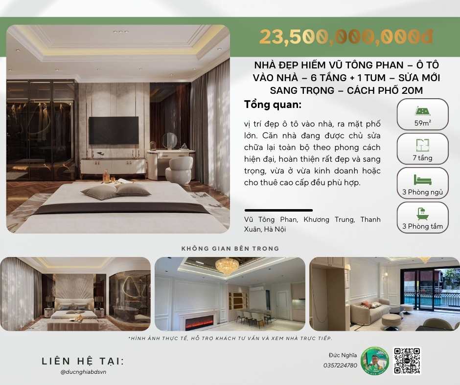 NHÀ ĐẸP HIẾM VŨ TÔNG PHAN – Ô TÔ VÀO NHÀ – 6 TẦNG + 1 TUM – SỬA MỚI SANG TRỌNG – CÁCH PHỐ 20M